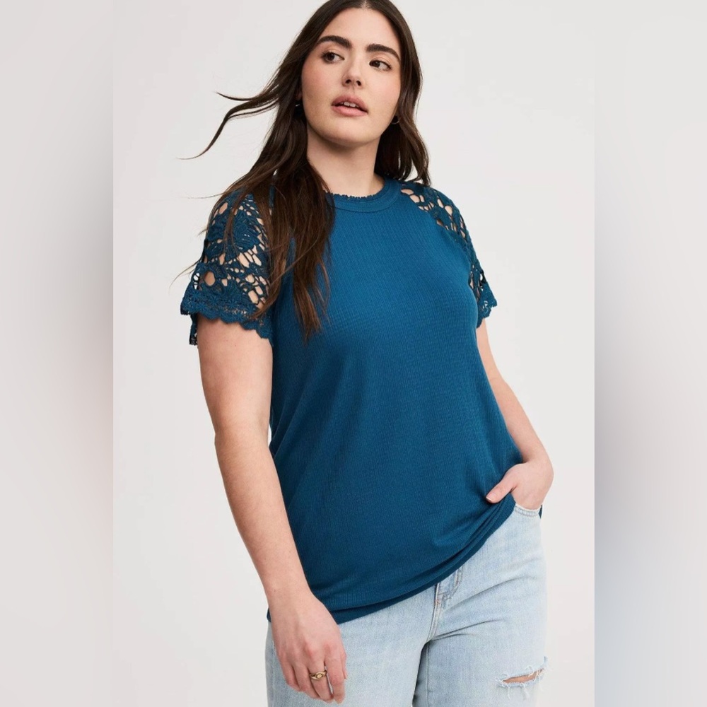 Torrid Legion Blue Crochet Raglan Crew Top Lace Sleeves Size 1 (1X / 14-16)